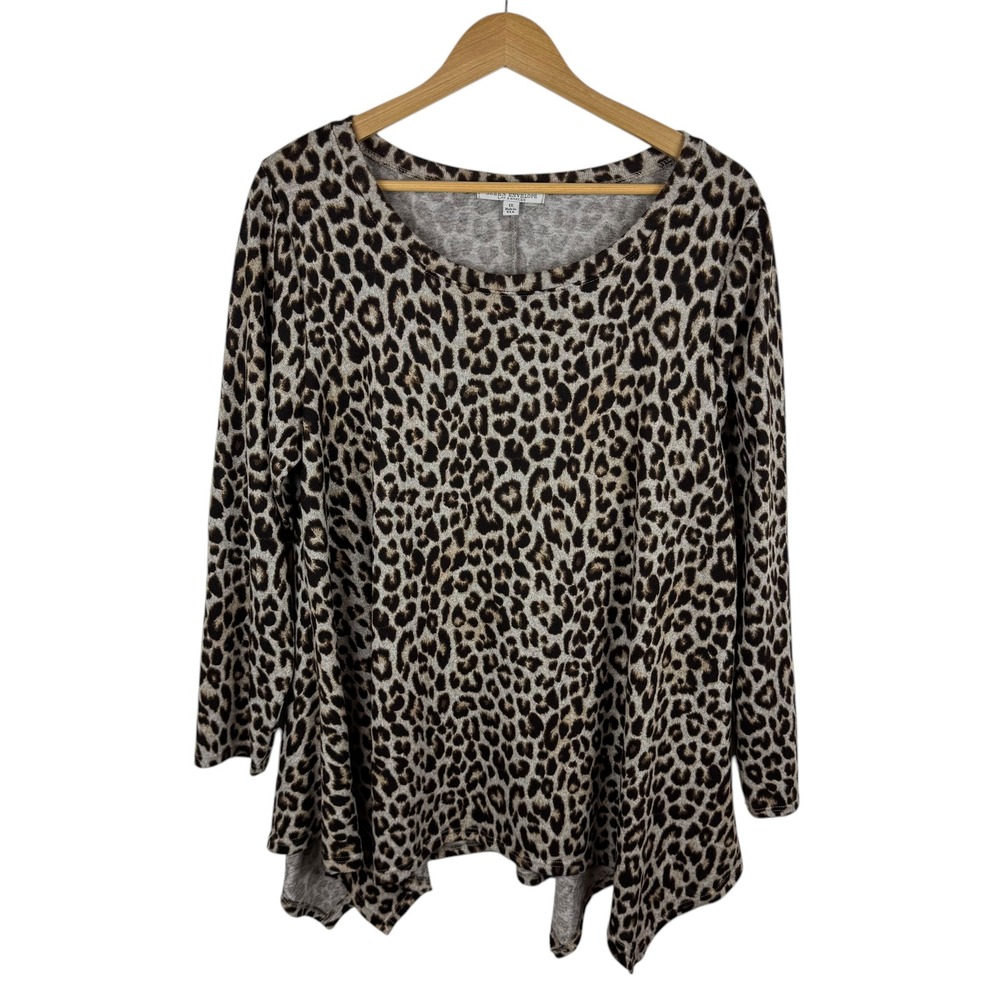 Green Envelope Womens Leopard Print Tunic Top Sz 1X Hanky Hem Asymmetrical Flowy